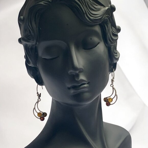 Amber Dangle Earrings With Sterling Silver Hooks & Multicolor Gemstones - Picture 2 of 8